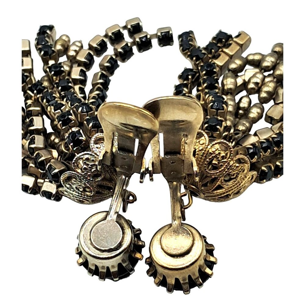 Vintage Weiss Necklace Earrings Set Black Rhinestones Tassel Long Dangling Chain - Picture 8 of 9